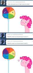 Size: 500x1121 | Tagged: safe, artist:askpinkiepieandfriends, imported from derpibooru, pinkie pie, rainbow dash, earth pony, pony, ask, candy, comic, female, floating heart, food, food transformation, frown, heart, inanimate tf, lesbian, lollipop, looking at each other, mare, pinkiedash, shipping, simple background, smiling, smiling at each other, transformation, tumblr, white background