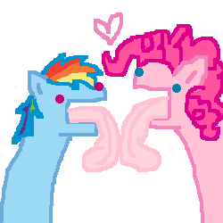 Size: 250x250 | Tagged: safe, artist:askpinkiepieandfriends, imported from derpibooru, pinkie pie, rainbow dash, earth pony, pegasus, pony, 1000 hours in ms paint, female, floating heart, french kiss, heart, kissing, lesbian, long tongue, majestic as fuck, mare, pinkiedash, shipping, silly, simple background, tongue out, white background