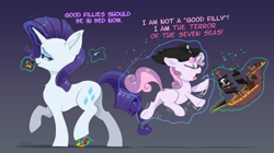 Size: 3988x2236 | Tagged: safe, artist:xbi, imported from derpibooru, rarity, sweetie belle, pony, unicorn, bedtime, best sisters, cannon, cute, diasweetes, duo, duo female, female, filly, flailing, glowing, glowing horn, gradient background, hat, high res, hoofy-kicks, horn, imminent pain, lego, levitation, magic, mare, moments before disaster, pirate, pirate hat, pirate ship, pure unfiltered evil, ship, stepping on a lego, tabun art-battle finished after, telekinesis, this will end in pain, this will not end well, toy