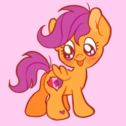 Size: 2048x2048 | Tagged: safe, artist:alexbeeza, imported from derpibooru, scootaloo, pegasus, pony, blushing, butt, cute, cutealoo, female, filly, foal, happy, heart, high res, looking at butt, looking at cutie mark, looking back, open mouth, pink background, plot, scootabutt, shiny eyes, simple background, smiling, solo