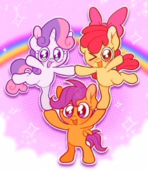 Size: 1758x2048 | Tagged: safe, artist:alexbeeza, imported from derpibooru, apple bloom, scootaloo, sweetie belle, earth pony, pegasus, pony, unicorn, flight to the finish, bipedal, blushing, cloud, cutie mark crusaders, female, filly, foal, happy, looking at you, one eye closed, open mouth, pony pile, pony pyramid, pose, rainbow, smiling, sparkles, tower of pony, trio, wink