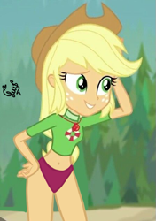 Size: 447x635 | Tagged: safe, artist:flutteryaylove, edit, edited screencap, imported from derpibooru, screencap, applejack, equestria girls, adorasexy, beach, belly button, bikini, breasts, clothes, cowboy hat, cute, female, hat, jackabetes, panty edit, pose, sexy, solo, swimsuit