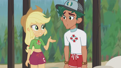 Size: 3410x1920 | Tagged: safe, imported from derpibooru, screencap, applejack, timber spruce, equestria girls, equestria girls series, turf war, :o, applejack's hat, beach, belly button, cowboy hat, female, geode of super strength, hat, high res, jewelry, lifeguard applejack, lifeguard timber, magical geodes, male, necklace, open mouth, smiling