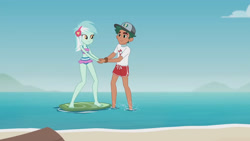 Size: 3410x1920 | Tagged: safe, imported from derpibooru, screencap, lyra heartstrings, timber spruce, equestria girls, equestria girls series, turf war, beach, belly button, female, high res, lifeguard timber, male, sleeveless, smiling, surfboard, timberstrings