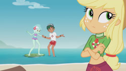 Size: 3410x1920 | Tagged: safe, imported from derpibooru, screencap, applejack, lyra heartstrings, timber spruce, equestria girls, equestria girls series, turf war, applejack's hat, beach, belly button, cowboy hat, crossed arms, female, geode of super strength, hat, high res, jewelry, lifeguard applejack, lifeguard timber, magical geodes, male, necklace, sleeveless, smiling