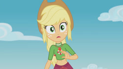 Size: 3410x1920 | Tagged: safe, imported from derpibooru, screencap, applejack, equestria girls, equestria girls series, turf war, applejack's hat, belly button, cowboy hat, female, geode of super strength, hat, high res, jewelry, lifeguard applejack, magical geodes, necklace, open mouth, solo