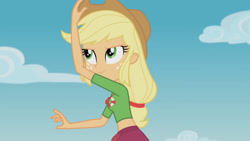 Size: 3410x1920 | Tagged: safe, imported from derpibooru, screencap, applejack, equestria girls, equestria girls series, turf war, applejack's hat, cowboy hat, female, geode of super strength, hat, high res, jewelry, lifeguard applejack, magical geodes, necklace, smiling, solo