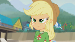 Size: 3410x1920 | Tagged: safe, imported from derpibooru, screencap, applejack, equestria girls, equestria girls series, turf war, >:), applejack's hat, beach, clothes, cowboy hat, determined smile, female, geode of super strength, hat, high res, jewelry, lifeguard applejack, magical geodes, necklace, shirt, smiling, solo, stetson, wet clothes, wet shirt