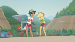 Size: 3410x1920 | Tagged: safe, imported from derpibooru, screencap, applejack, timber spruce, equestria girls, equestria girls series, turf war, applejack's hat, beach, cowboy hat, crossed arms, female, geode of super strength, hand on hip, hat, high res, jewelry, lifeguard applejack, lifeguard timber, magical geodes, male, necklace, smiling