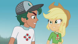 Size: 3410x1920 | Tagged: safe, imported from derpibooru, screencap, applejack, timber spruce, equestria girls, equestria girls series, turf war, applejack's hat, beach, cowboy hat, female, geode of super strength, grin, hat, high res, jewelry, lifeguard applejack, lifeguard timber, looking at each other, magical geodes, male, necklace, smiling, smiling at each other