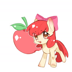 Size: 1680x1680 | Tagged: safe, artist:woxiangshangxuerangwoshangxue, imported from derpibooru, apple bloom, earth pony, pony, apple, apple background, female, filly, food, open mouth, open smile, smiling, solo