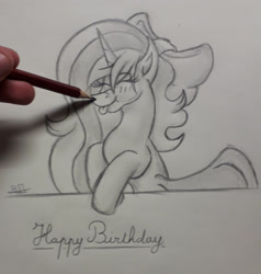 Size: 2006x2110 | Tagged: safe, artist:thebenalpha, imported from derpibooru, oc, oc only, oc:fleurbelle, alicorn, pony, alicorn oc, blushing, boop, high res, horn, sketch, solo, tongue out, traditional art, wings