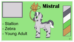 Size: 1192x670 | Tagged: safe, artist:schumette14, imported from derpibooru, oc, oc:mistral, zebra, adopted offspring, alternate universe, hat, lassos, parent:applejack, parent:zecora, parents:applecora, ref, reference, sunsetverse, zebra oc