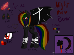 Size: 2884x2148 | Tagged: safe, artist:candysugarskullgirl9, imported from derpibooru, oc, oc only, oc:nightmare bow, alicorn, pony, bandage, bandaged leg, bandaged wing, bat wings, choker, cutie mark, ear piercing, female, high res, horn, magic, multicolored hair, piercing, princess, purple background, rainbow hair, rainbow tail, scar, simple background, solo, spiked choker, tail, tattoo, text, wings