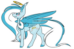 Size: 1024x684 | Tagged: safe, artist:dramaostrich, imported from derpibooru, oc, oc only, oc:angle, pegasus, pony, blushing, cutie mark, deviantart watermark, female, halo, obtrusive watermark, simple background, solo, two toned mane, watermark, white background