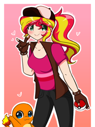 Size: 3440x4605 | Tagged: safe, artist:kittyrosie, imported from derpibooru, sunset shimmer, charmander, human, equestria girls, :3, baseball cap, blushing, cap, clothes, crossover, cute, duo, female, fingerless gloves, gloves, hat, heart eyes, humanized, jeans, pants, peace sign, poké ball, pokémon, pokémon trainer, ponytail, redraw, shimmerbetes, vest, wingding eyes