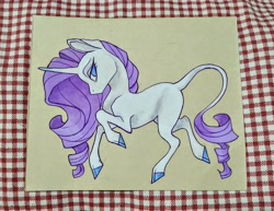 Size: 3390x2615 | Tagged: safe, artist:twixyamber, imported from derpibooru, rarity, classical unicorn, pony, unicorn, cloven hooves, female, leonine tail, mare, missing cutie mark, solo, traditional art, watercolor painting