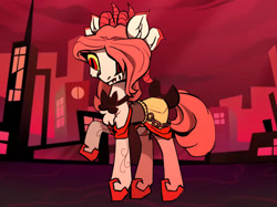 Size: 1890x1417 | Tagged: safe, artist:castle bravo, derpibooru exclusive, imported from derpibooru, oc, oc only, deer, demon, wendigo, bow, chains, chest fluff, city, clothes, deer demon, demon horns, dress, four ears, hazbin hotel, hell, heterochromia, hoof shoes, horn, horns, slit pupils, solo, tail, tail bow, yellow sclera