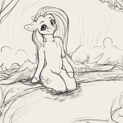 Size: 4000x4000 | Tagged: safe, artist:miokomata, imported from derpibooru, fluttershy, pegasus, semi-anthro, absurd resolution, chest fluff, cute, female, floppy ears, freckles, freckleshy, human shoulders, looking at you, mare, monochrome, shyabetes, sketch, solo, water