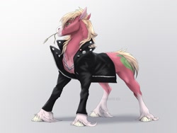 Size: 2000x1500 | Tagged: safe, artist:dementra369, imported from derpibooru, big macintosh, earth pony, pony, ac/dc, chains, chest fluff, clothes, coat markings, colored hooves, horseshoes, jacket, jewelry, leather jacket, metallica, necklace, pale belly, pin, rammstein, rocker, socks (coat marking), socks (coat markings), solo, unshorn fetlocks