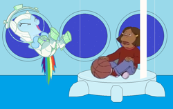 Size: 1008x636 | Tagged: safe, artist:guihercharly, imported from derpibooru, rainbow dash, arthur, astrodash, astronaut, basketball, captured, clothes, costume, crossover, francine frensky, glass tube, laughing, sad, space helmet, spaceship, spacesuit, sports
