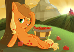 Size: 3508x2480 | Tagged: safe, artist:mrkat7214, imported from derpibooru, applejack, earth pony, pony, apple, apple tree, applejack's hat, bucket, cowboy hat, cowgirl, crossed legs, female, food, grin, hat, high res, looking at you, mare, obligatory apple, sitting, smiling, solo, straw in mouth, sun beam, sweet apple acres, tree, underhoof