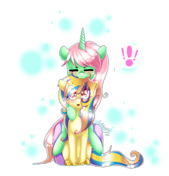 Size: 3806x3964 | Tagged: safe, artist:fantisai, imported from derpibooru, oc, oc only, pony, unicorn, blushing, duo, eye clipping through hair, eyes closed, high res, horn, hug, hug from behind, simple background, smiling, transparent background, unicorn oc
