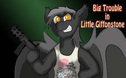 Size: 1440x900 | Tagged: safe, artist:tranzmuteproductions, imported from derpibooru, oc, oc only, oc:tranzmute, bat pony, pony, bat pony oc, bat wings, big trouble in little china, bust, clothes, gritted teeth, gun, hoof hold, male, smiling, smirk, solo, stallion, tec-9, weapon, wings