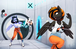 Size: 2300x1504 | Tagged: safe, artist:mrscroup, imported from derpibooru, oc, oc only, oc:mayday, oc:skiu, anthro, pegasus, unguligrade anthro, aperture science, boots, bullet, camera, clothes, co-op, commission, crossover, crying, door, duo, eyebrows, firing, green eyes, long fall horseshoe, looking at each other, looking back, multicolored hair, multicolored mane, open mouth, orange eyes, pegasus oc, portal, portal (valve), portal 2, portal gun, running, running away, shadow, shoes, spread wings, surprised, sweat, sweatdrop, tanktop, teeth, this will end in pain, turret, wings