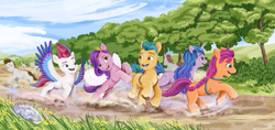 Size: 2983x1406 | Tagged: safe, artist:rachael saunders, imported from derpibooru, hitch trailblazer, izzy moonbow, pipp petals, sunny starscout, zipp storm, earth pony, pegasus, pony, unicorn, background pony, cloud, crystal, female, g5, grass, looking at each other, looking up, male, mane five (g5), my little pony: a new generation, official, painting, path, running, sky, smiling, smiling at each other, spread wings, traditional art, tree, wings