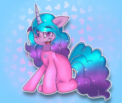 Size: 1024x860 | Tagged: safe, artist:doraeartdreams-aspy, imported from derpibooru, izzy moonbow, pony, unicorn, bodysuit, catsuit, clothes, cute, digital art, eyebrows, eyebrows visible through hair, female, g5, heart, hippie, izzybetes, jewelry, latex, latex suit, light blue background, looking at you, mare, necklace, open mouth, open smile, peace suit, peace symbol, rubber suit, simple background, sitting, smiling, smiling at you, solo