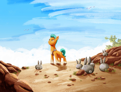 Size: 2357x1779 | Tagged: safe, artist:rachael saunders, imported from derpibooru, hitch trailblazer, earth pony, pony, rabbit, animal, critter magnet, g5, male, my little pony: a new generation, official, painting, stallion, traditional art