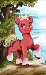 Size: 1606x2611 | Tagged: safe, artist:rachael saunders, imported from derpibooru, sprout cloverleaf, earth pony, pony, g5, male, my little pony: a new generation, official, painting, raised hoof, smiling, solo, stallion, traditional art, unshorn fetlocks