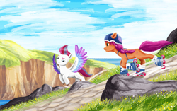 Size: 2583x1624 | Tagged: safe, artist:rachael saunders, imported from derpibooru, sunny starscout, zipp storm, earth pony, pegasus, pony, g5, helmet, my little pony: a new generation, official, painting, roller skates, traditional art