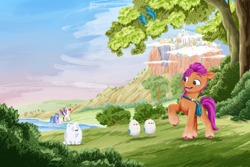 Size: 2502x1676 | Tagged: safe, artist:rachael saunders, imported from derpibooru, izzy moonbow, sunny starscout, zipp storm, bird, dog, earth pony, pegasus, pomeranian, pony, unicorn, cloudpuff, flying pomeranian, g5, my little pony: a new generation, official, painting, traditional art, winged dog, zephyr heights