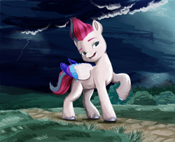 Size: 2274x1844 | Tagged: safe, artist:rachael saunders, imported from derpibooru, zipp storm, pegasus, pony, female, g5, lightning, mare, my little pony: a new generation, official, painting, raised hoof, solo, storm, traditional art