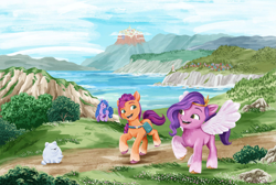 Size: 2497x1680 | Tagged: safe, artist:rachael saunders, imported from derpibooru, izzy moonbow, pipp petals, sunny starscout, dog, earth pony, pegasus, pomeranian, pony, cloudpuff, flying pomeranian, g5, maretime bay, my little pony: a new generation, official, painting, traditional art, winged dog, zephyr heights