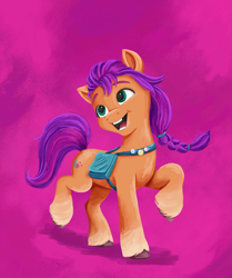 Size: 1874x2238 | Tagged: safe, artist:rachael saunders, imported from derpibooru, sunny starscout, earth pony, pony, abstract background, female, g5, mare, my little pony: a new generation, official, open mouth, open smile, painting, smiling, solo, traditional art