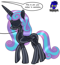 Size: 3840x4154 | Tagged: safe, artist:damlanil, imported from derpibooru, princess flurry heart, alicorn, pony, series:becoming submissive, bdsm, blindfold, bondage, bondage mask, boots, bound wings, catsuit, clothes, collar, commission, corset, female, gag, gimp suit, high heels, hood, horn, implied discord, latex, latex boots, latex suit, leash, link in description, mare, muzzle gag, older, older flurry heart, raised leg, rubber, rubber suit, shiny, shiny mane, shoes, show accurate, simple background, socks, solo, story, story included, thigh highs, transparent background, vector, wings