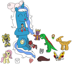 Size: 2448x2160 | Tagged: safe, artist:supahdonarudo, imported from derpibooru, fluttershy, oc, oc:fleurbelle, oc:ironyoshi, alicorn, dinosaur, alicorn oc, bow, bumblebee (transformers), cute, fire flower, fleurabetes, food, godzilla (series), heart, high res, horn, marshmallow, medic, mothra, mothra larva, plushie, simple background, spyro the dragon, spyro the dragon (series), team fortress 2, transformers, transparent background, wings