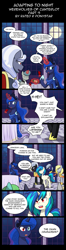 Size: 960x3650 | Tagged: safe, artist:shujiwakahisaa, imported from derpibooru, derpy hooves, dj pon-3, hoity toity, princess luna, vinyl scratch, oc, oc:gale wing, alicorn, pegasus, pony, undead, unicorn, vampire, vampony, comic:adapting to night, comic:adapting to night: werewolves of canterlot, clothes, comic, dialogue, full moon, glowing, glowing horn, heterochromia, horn, levitation, magic, moon, red eyes, telekinesis