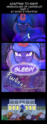 Size: 960x2500 | Tagged: safe, artist:shujiwakahisaa, imported from derpibooru, princess luna, oc, alicorn, hengstwolf, pony, undead, vampire, vampony, werewolf, comic:adapting to night, comic:adapting to night: werewolves of canterlot, clothes, comic, dialogue, fangs, glowing, glowing horn, horn, magic, onomatopoeia, sound effects, zzz