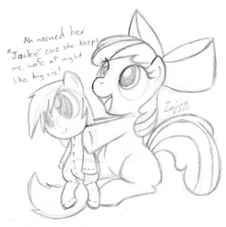 Size: 1459x1468 | Tagged: safe, artist:zajice, imported from derpibooru, apple bloom, earth pony, pony, apple bloom's bow, bow, dialogue, doll, female, filly, hair bow, looking up, monochrome, open mouth, open smile, sitting, smiling, solo, toy, traditional art