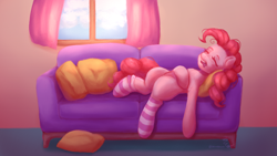 Size: 1920x1080 | Tagged: safe, artist:zowzowo, imported from derpibooru, pinkie pie, earth pony, pony, clothes, commission, couch, cushion, full body, morning, room, sleeping, socks, solo, striped socks, wallpaper, window