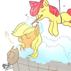 Size: 1080x1080 | Tagged: safe, artist:piaojun55154, imported from derpibooru, apple bloom, applejack, earth pony, pony, bath, eyes closed, female, filly, hat, mare, music notes, siblings, washing