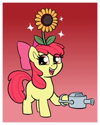 Size: 1872x2325 | Tagged: safe, artist:heretichesh, imported from derpibooru, apple bloom, earth pony, pony, female, filly, flower, open mouth, open smile, smiling, solo, sparkles, sunflower, watering can