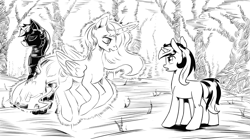 Size: 4256x2364 | Tagged: safe, artist:lexx2dot0, imported from derpibooru, princess luna, oc, oc:blackjack, alicorn, pegasus, pony, unicorn, fallout equestria, fallout equestria: project horizons, series:ph together we reread, black and white, butt, clone, clothes, fanfic art, female, grayscale, horn, jumpsuit, level 4 (alicorn eclipse) (project horizons), mare, monochrome, pipbuck, plot, small horn, vault security armor, vault suit