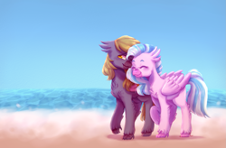 Size: 2183x1429 | Tagged: safe, artist:zowzowo, imported from derpibooru, silverstream, oc, oc:yutaka deo, hippogriff, beach, blue sky, blushing, canon x oc, commission, couple, cute, deostream, hippogriff oc, nuzzling, ocean, romance, sand, shy, walking, wave, wings