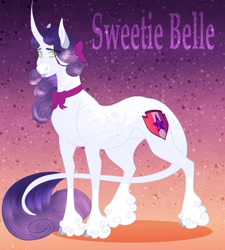 Size: 1782x1978 | Tagged: safe, artist:inisealga, imported from derpibooru, sweetie belle, classical unicorn, pony, unicorn, :p, abstract background, alternate design, appaloosa, bow, bowtie, cloven hooves, coat markings, curved horn, facial markings, female, gradient background, horn, leonine tail, mare, markings, redesign, snip (coat marking), solo, tail, text, tongue out, unshorn fetlocks