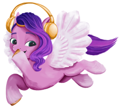 Size: 2048x1828 | Tagged: safe, artist:rachael saunders, imported from derpibooru, pipp petals, pegasus, pony, spoiler:my little pony: a new generation, adorapipp, cute, female, flying, g5, headphones, my little pony: a new generation, official, simple background, solo, transparent background